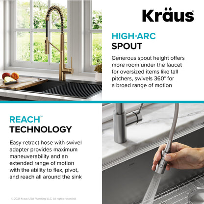 KRAUS Oletto Commercial Style Pull-Down Single Handle Kitchen Faucet in Brushed Brass - KPF-2631BB