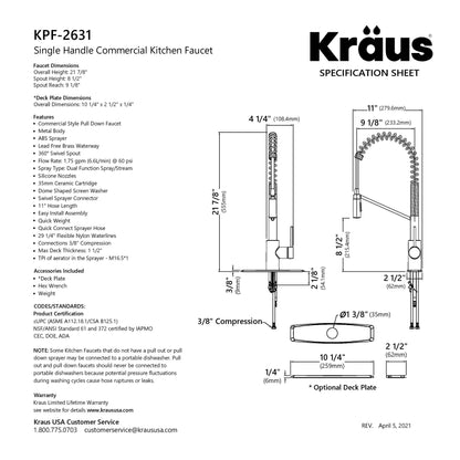 KRAUS Oletto Commercial Style Pull-Down Single Handle Kitchen Faucet in Brushed Brass - KPF-2631BB