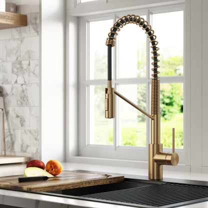 KRAUS Oletto Commercial Style Pull-Down Single Handle Kitchen Faucet in Brushed Brass - KPF-2631BB