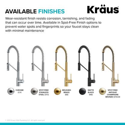 KRAUS Oletto Commercial Style Pull-Down Single Handle Kitchen Faucet in Brushed Brass - KPF-2631BB