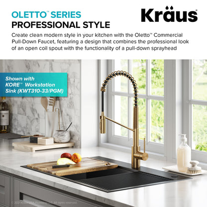 KRAUS Oletto Commercial Style Pull-Down Single Handle Kitchen Faucet in Brushed Brass - KPF-2631BB
