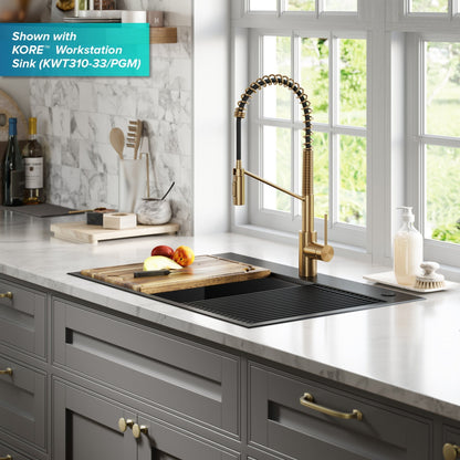 KRAUS Oletto Commercial Style Pull-Down Single Handle Kitchen Faucet in Brushed Brass - KPF-2631BB