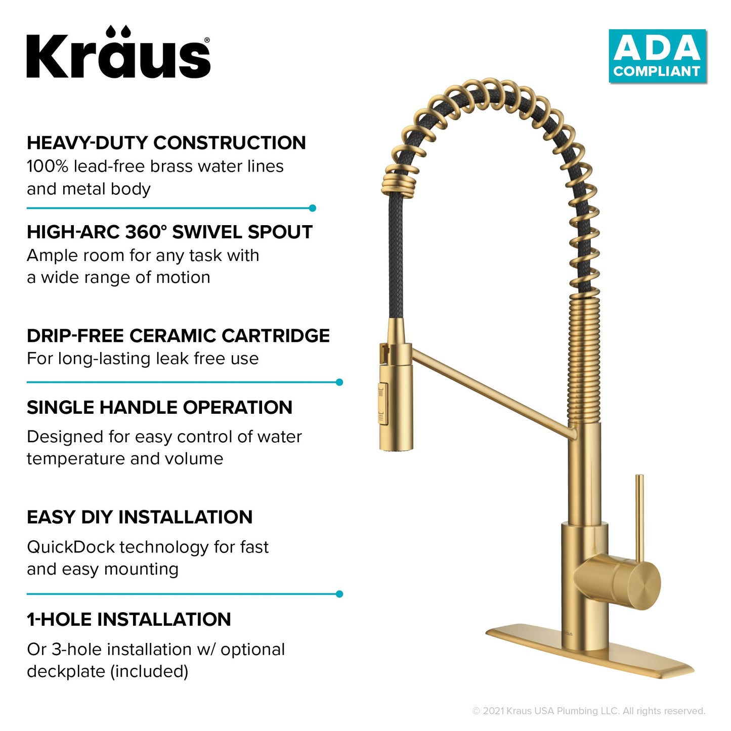 KRAUS Oletto Commercial Style Pull-Down Single Handle Kitchen Faucet in Brushed Brass - KPF-2631BB