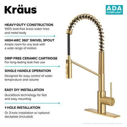KRAUS Oletto Commercial Style Pull-Down Single Handle Kitchen Faucet in Brushed Brass - KPF-2631BB