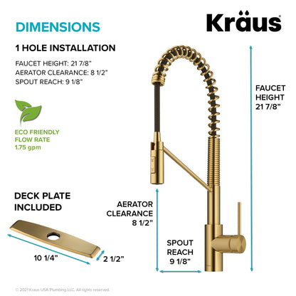 KRAUS Oletto Commercial Style Pull-Down Single Handle Kitchen Faucet in Brushed Brass - KPF-2631BB