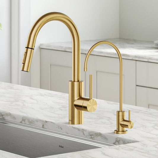 KRAUS Oletto Pull-Down Kitchen Faucet & Purita Water Filter Faucet in Brushed Brass - KPF-2620-FF-100BB
