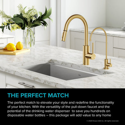 KRAUS Oletto Pull-Down Kitchen Faucet & Purita Water Filter Faucet in Brushed Brass - KPF-2620-FF-100BB