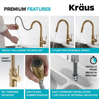 KRAUS Oletto Pull-Down Kitchen Faucet & Purita Water Filter Faucet in Brushed Brass - KPF-2620-FF-100BB