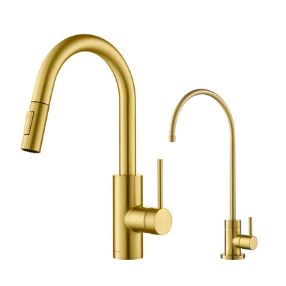 KRAUS Oletto Pull-Down Kitchen Faucet & Purita Water Filter Faucet in Brushed Brass - KPF-2620-FF-100BB
