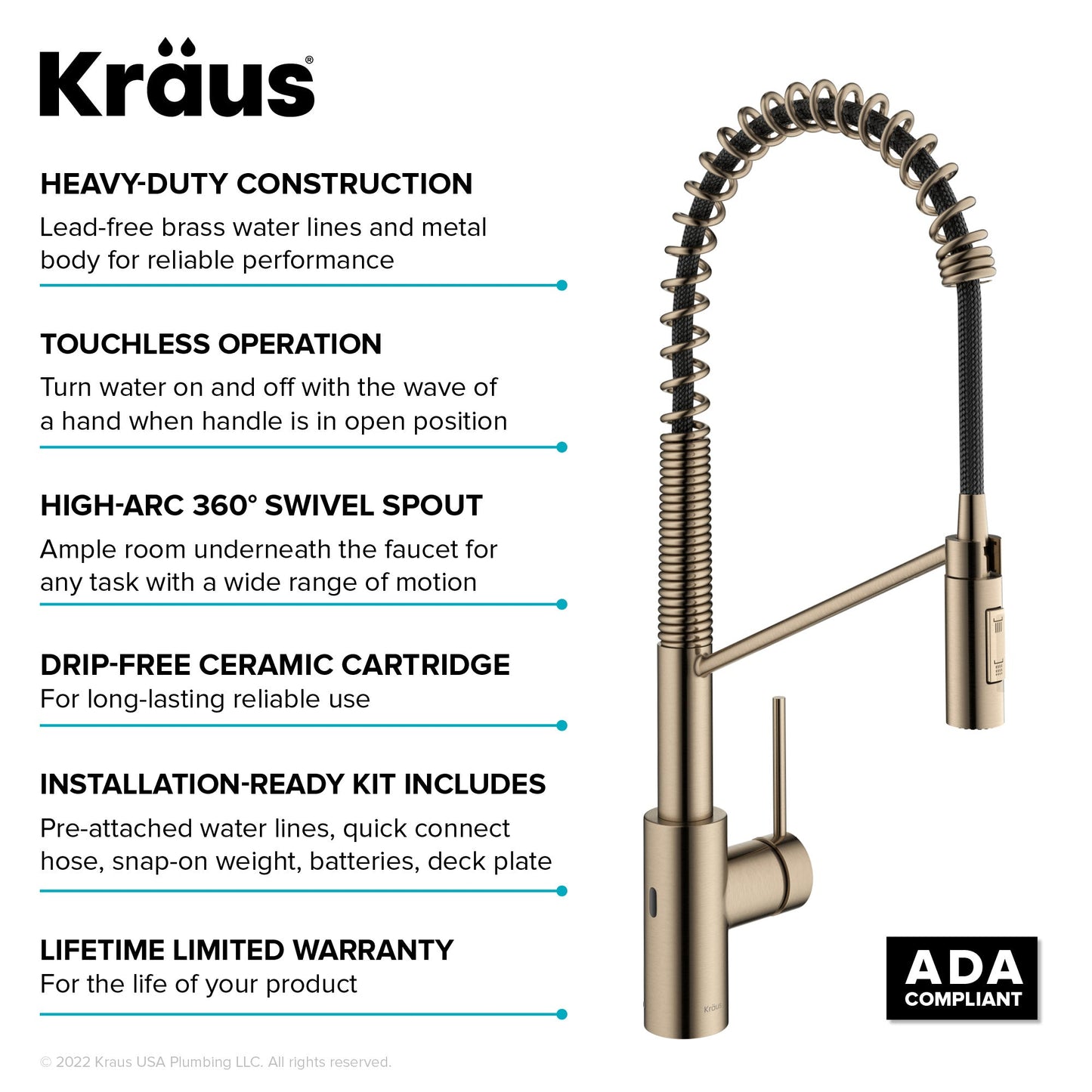 KRAUS Oletto Touchless Pull-Down Single Handle Faucet in Spot Free Antique Champagne Bronze - KSF-2631SFACB