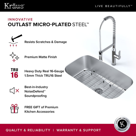 KRAUS Outlast MicroShield 16 Gauge Stainless Steel Undermount Kitchen Sink - KBU14E
