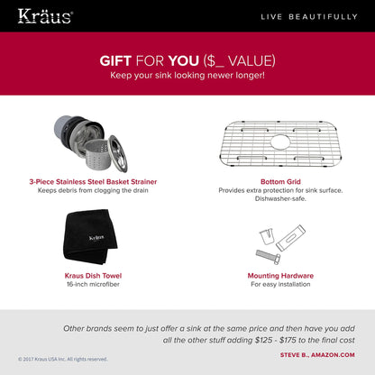 KRAUS Outlast MicroShield 16 Gauge Stainless Steel Undermount Kitchen Sink - KBU14E