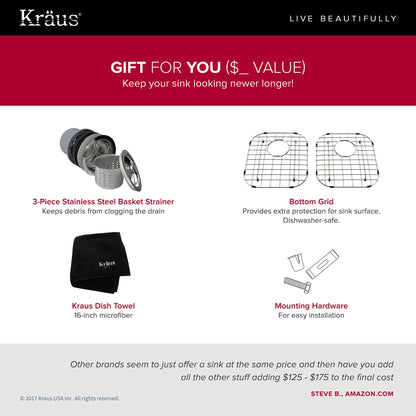 KRAUS Outlast MicroShield Scratch-Resist Stainless Steel Undermount 50/50 Double Bowl Sink, 32" 16 Gauge, Premier Series - KBU22E