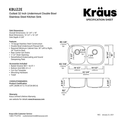 KRAUS Outlast MicroShield Scratch-Resist Stainless Steel Undermount 50/50 Double Bowl Sink, 32" 16 Gauge, Premier Series - KBU22E