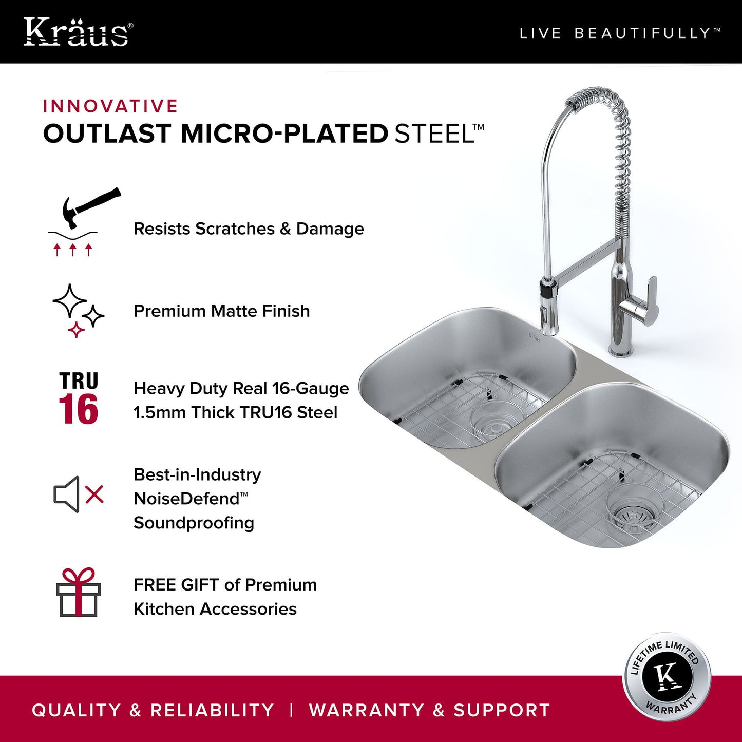 KRAUS Outlast MicroShield Scratch-Resist Stainless Steel Undermount 50/50 Double Bowl Sink, 32" 16 Gauge, Premier Series - KBU22E
