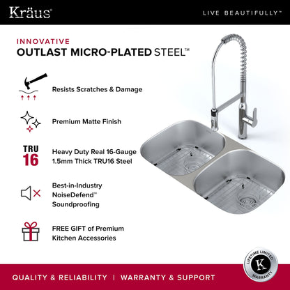 KRAUS Outlast MicroShield Scratch-Resist Stainless Steel Undermount 50/50 Double Bowl Sink, 32" 16 Gauge, Premier Series - KBU22E