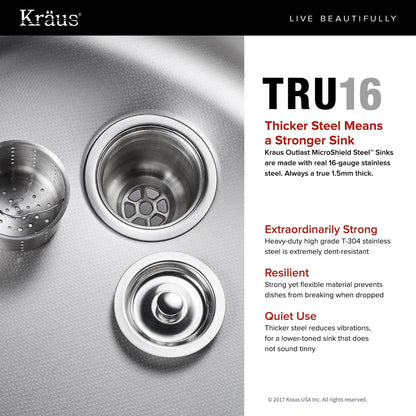 KRAUS Outlast MicroShield Scratch-Resist Stainless Steel Undermount 50/50 Double Bowl Sink, 32" 16 Gauge, Premier Series - KBU22E