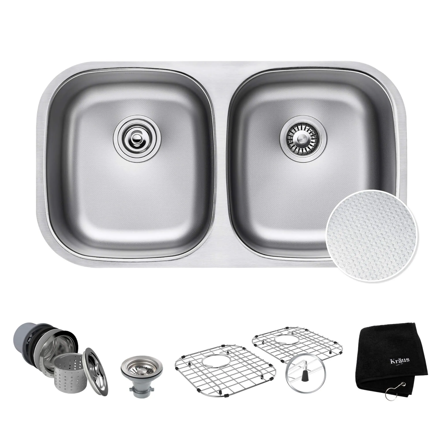 KRAUS Outlast MicroShield Scratch-Resist Stainless Steel Undermount 50/50 Double Bowl Sink, 32" 16 Gauge, Premier Series - KBU22E