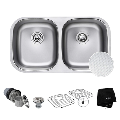 KRAUS Outlast MicroShield Scratch-Resist Stainless Steel Undermount 50/50 Double Bowl Sink, 32" 16 Gauge, Premier Series - KBU22E
