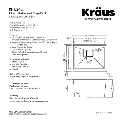 KRAUS Pax Zero-Radius 24" Undermount Single Bowl Stainless Steel Laundry Utility Sink - KHU24L