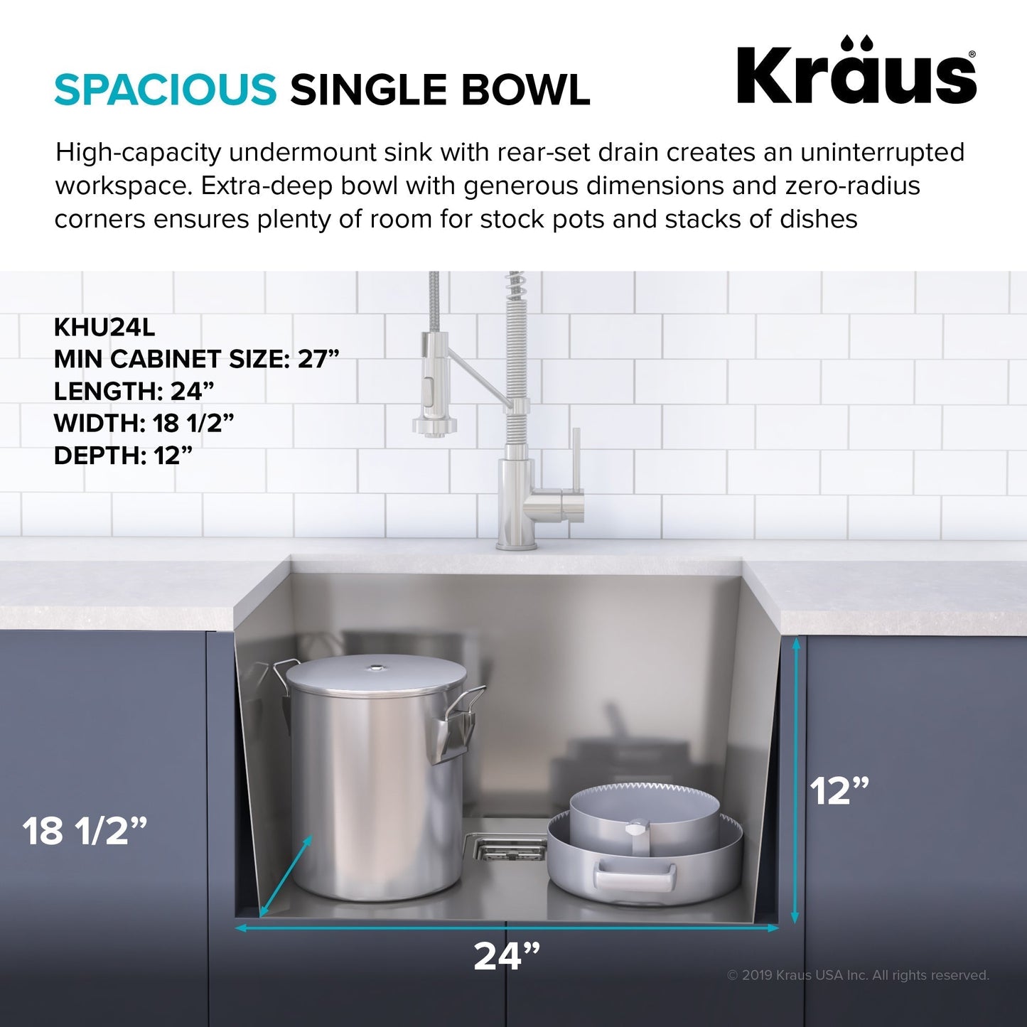 KRAUS Pax Zero-Radius 24" Undermount Single Bowl Stainless Steel Laundry Utility Sink - KHU24L