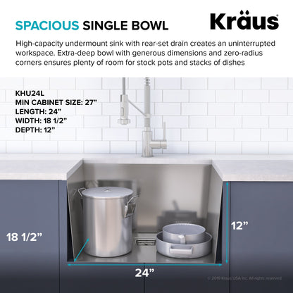 KRAUS Pax Zero-Radius 24" Undermount Single Bowl Stainless Steel Laundry Utility Sink - KHU24L