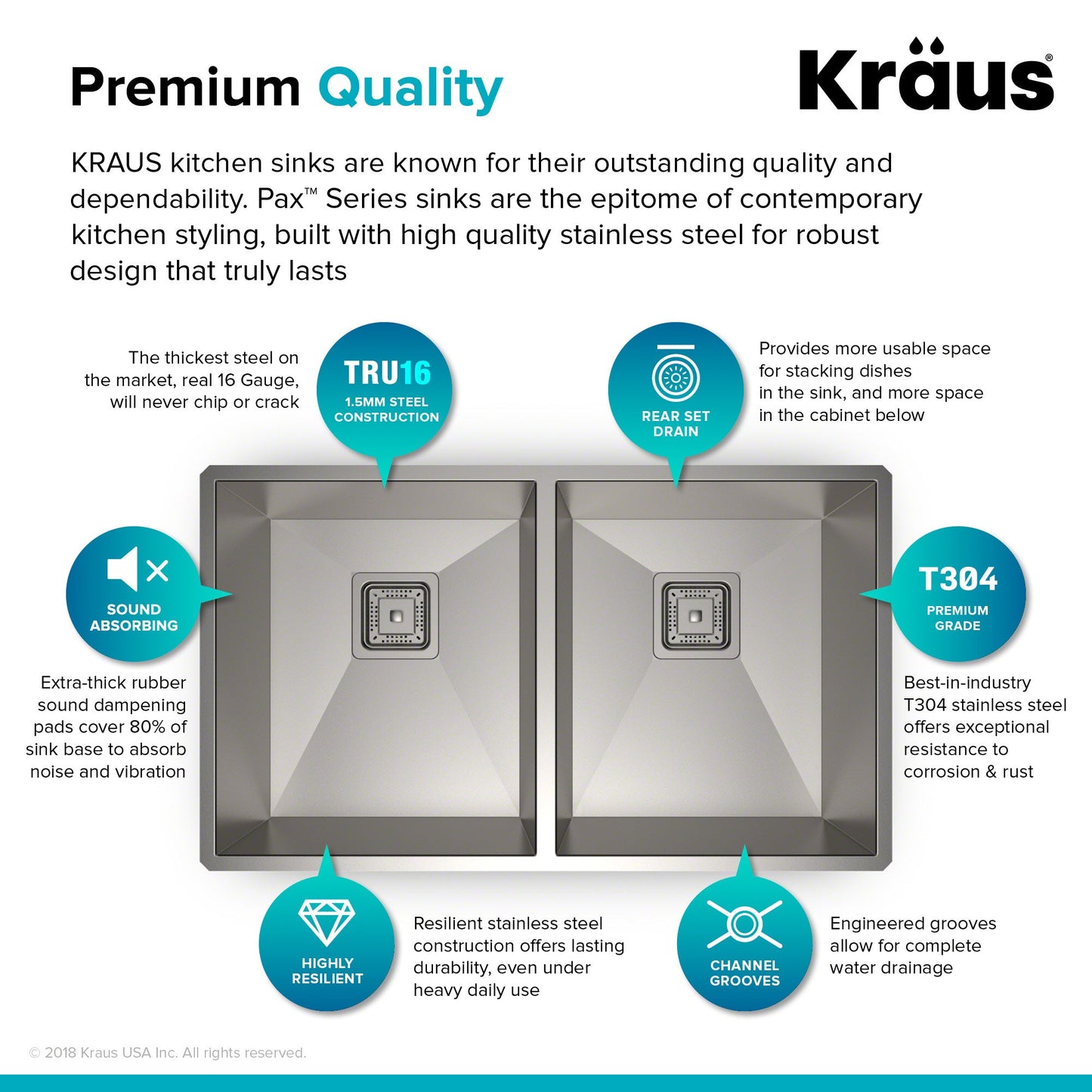 KRAUS Pax Zero-Radius 31.5" Handmade Undermount 50/50 Double Bowl 16 Gauge Stainless Steel Kitchen Sink with NoiseDefend Soundproofing - KHU322