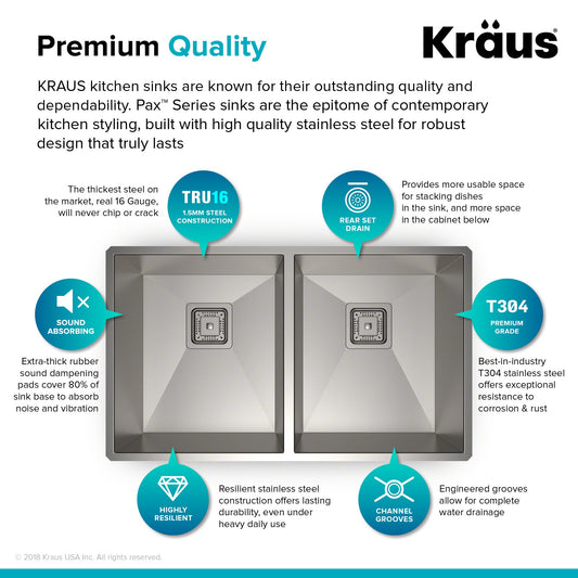 KRAUS Pax Zero-Radius 31.5" Handmade Undermount 50/50 Double Bowl 16 Gauge Stainless Steel Kitchen Sink with NoiseDefend Soundproofing - KHU322