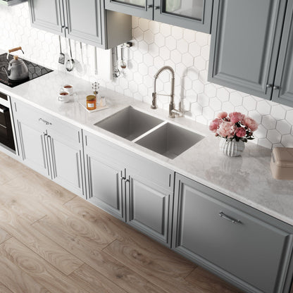 KRAUS Pax Zero-Radius 31.5" Handmade Undermount 50/50 Double Bowl 16 Gauge Stainless Steel Kitchen Sink with NoiseDefend Soundproofing - KHU322