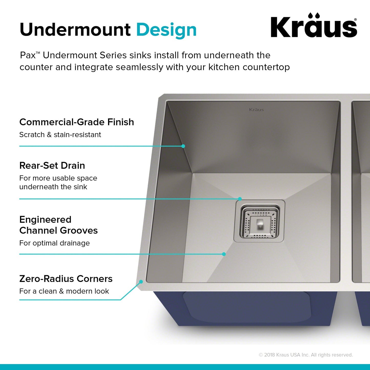 KRAUS Pax Zero-Radius 31.5" Handmade Undermount 50/50 Double Bowl 16 Gauge Stainless Steel Kitchen Sink with NoiseDefend Soundproofing - KHU322