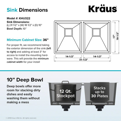 KRAUS Pax Zero-Radius 31.5" Handmade Undermount 50/50 Double Bowl 16 Gauge Stainless Steel Kitchen Sink with NoiseDefend Soundproofing - KHU322