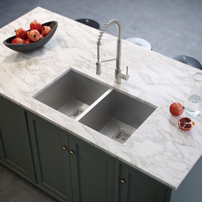 KRAUS Pax Zero-Radius 31.5" Handmade Undermount 50/50 Double Bowl 16 Gauge Stainless Steel Kitchen Sink with NoiseDefend Soundproofing - KHU322