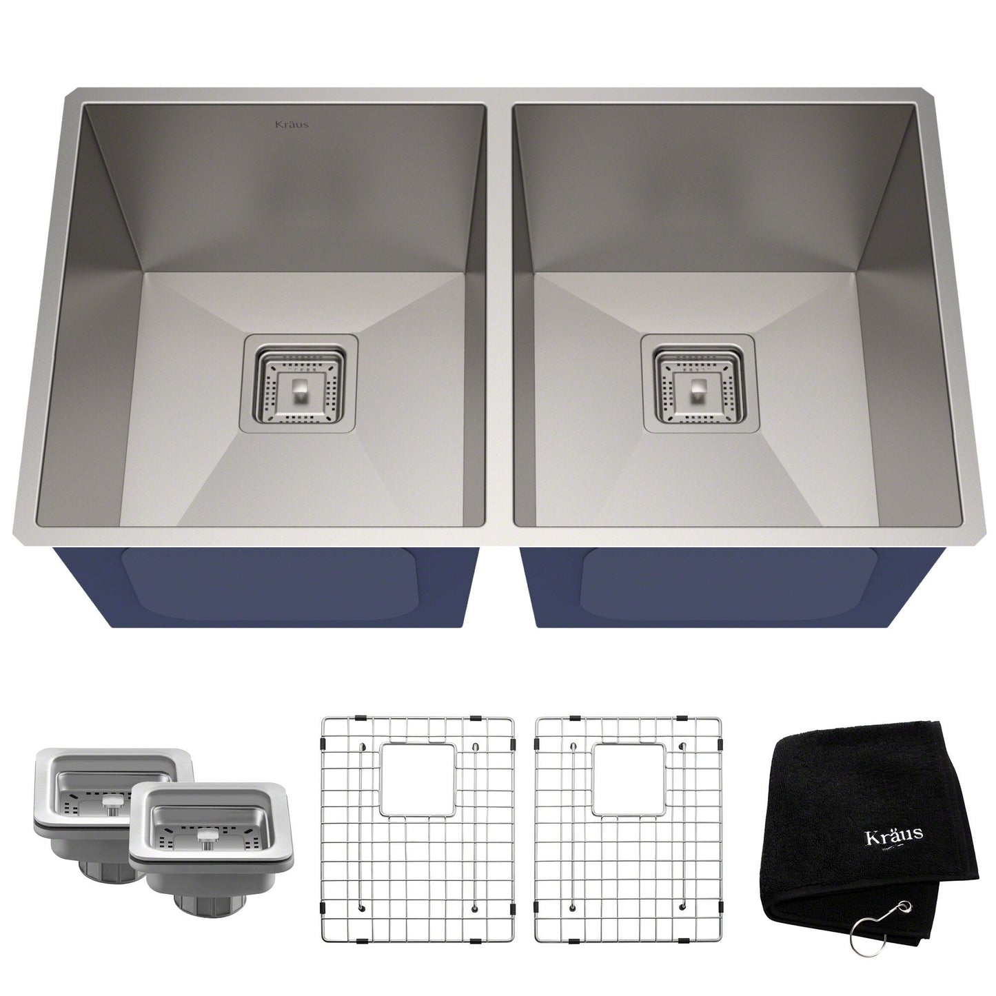 KRAUS Pax Zero-Radius 31.5" Handmade Undermount 50/50 Double Bowl 16 Gauge Stainless Steel Kitchen Sink with NoiseDefend Soundproofing - KHU322
