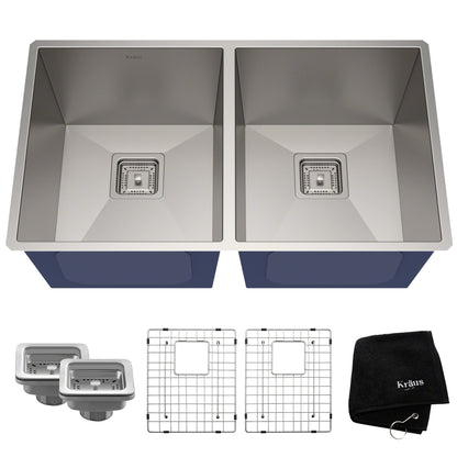KRAUS Pax Zero-Radius 31.5" Handmade Undermount 50/50 Double Bowl 16 Gauge Stainless Steel Kitchen Sink with NoiseDefend Soundproofing - KHU322
