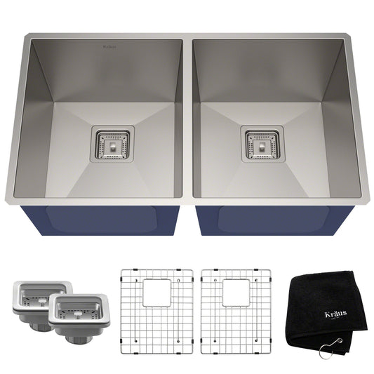 KRAUS Pax Zero-Radius 31.5" Handmade Undermount 50/50 Double Bowl 16 Gauge Stainless Steel Kitchen Sink with NoiseDefend Soundproofing - KHU322