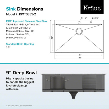 KRAUS Pax Zero-Radius 33" Handmade Topmount Single Bowl 16 Gauge Stainless Steel Drop-In Kitchen Sink with 2 Pre-Drilled Holes - KP1TS33S-2