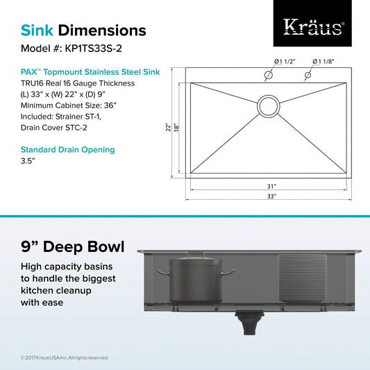 KRAUS Pax Zero-Radius 33" Handmade Topmount Single Bowl 16 Gauge Stainless Steel Drop-In Kitchen Sink with 2 Pre-Drilled Holes - KP1TS33S-2