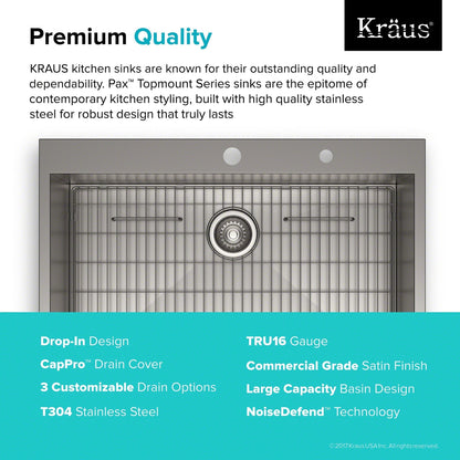 KRAUS Pax Zero-Radius 33" Handmade Topmount Single Bowl 16 Gauge Stainless Steel Drop-In Kitchen Sink with 2 Pre-Drilled Holes - KP1TS33S-2