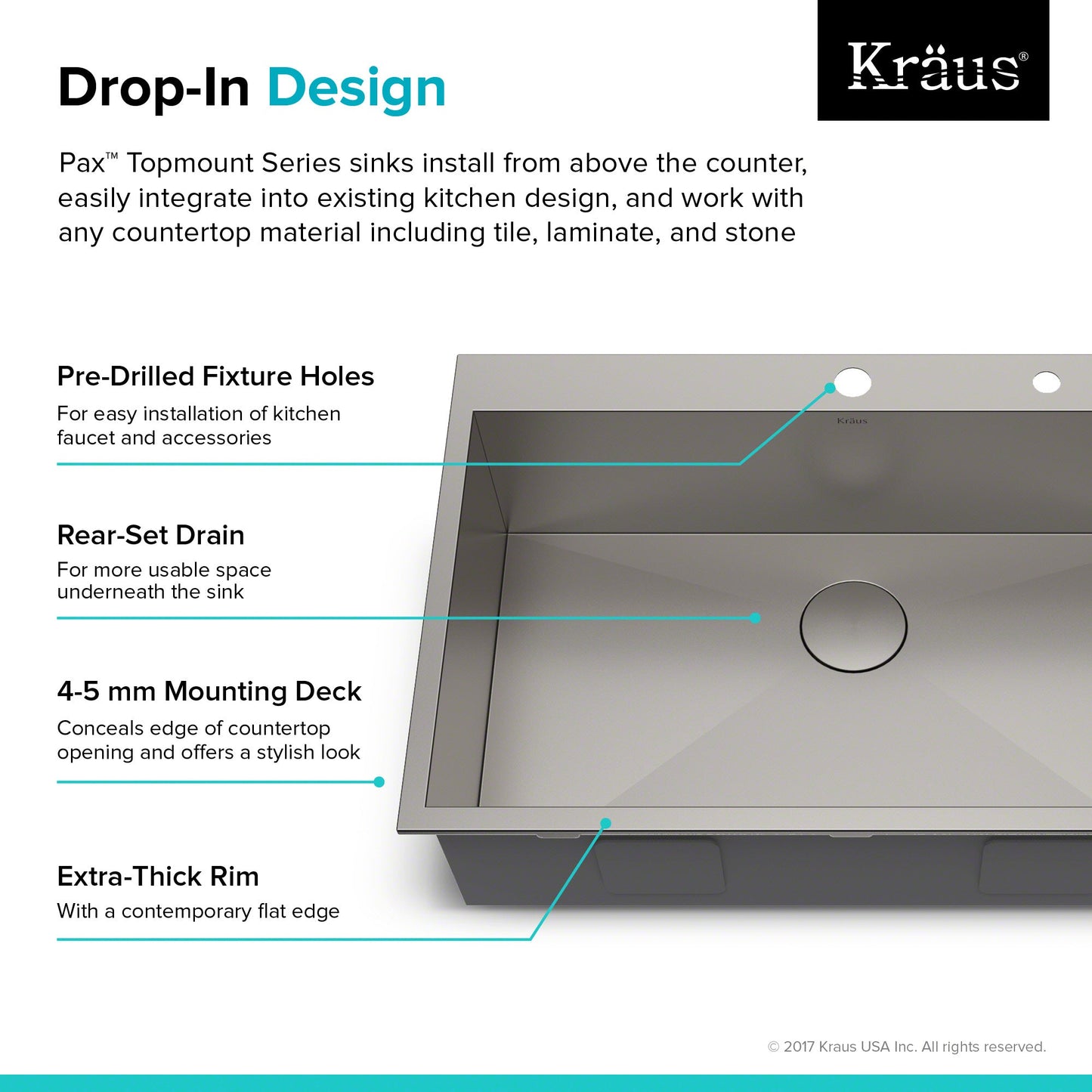 KRAUS Pax Zero-Radius 33" Handmade Topmount Single Bowl 16 Gauge Stainless Steel Drop-In Kitchen Sink with 2 Pre-Drilled Holes - KP1TS33S-2