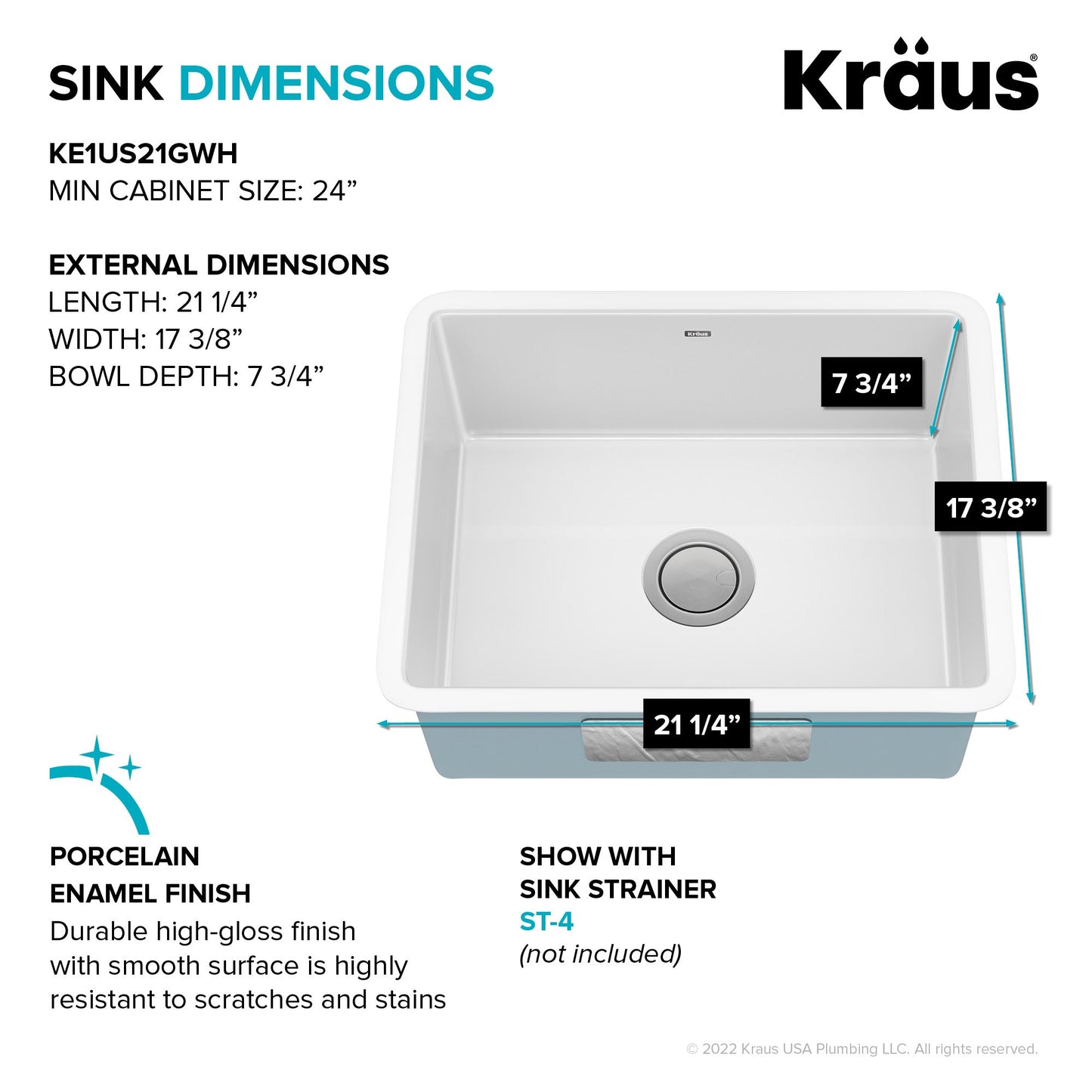 KRAUS Pintura 21" Undermount Enameled Single Bowl Kitchen Sink in White - KE1US21GWH