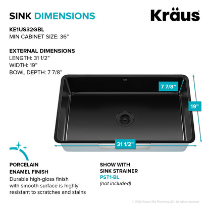 KRAUS Pintura 32" Undermount Porcelain Enameled Steel Kitchen Sink in Black - KE1US32GBL