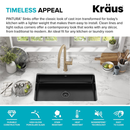 KRAUS Pintura 32" Undermount Porcelain Enameled Steel Kitchen Sink in Black - KE1US32GBL