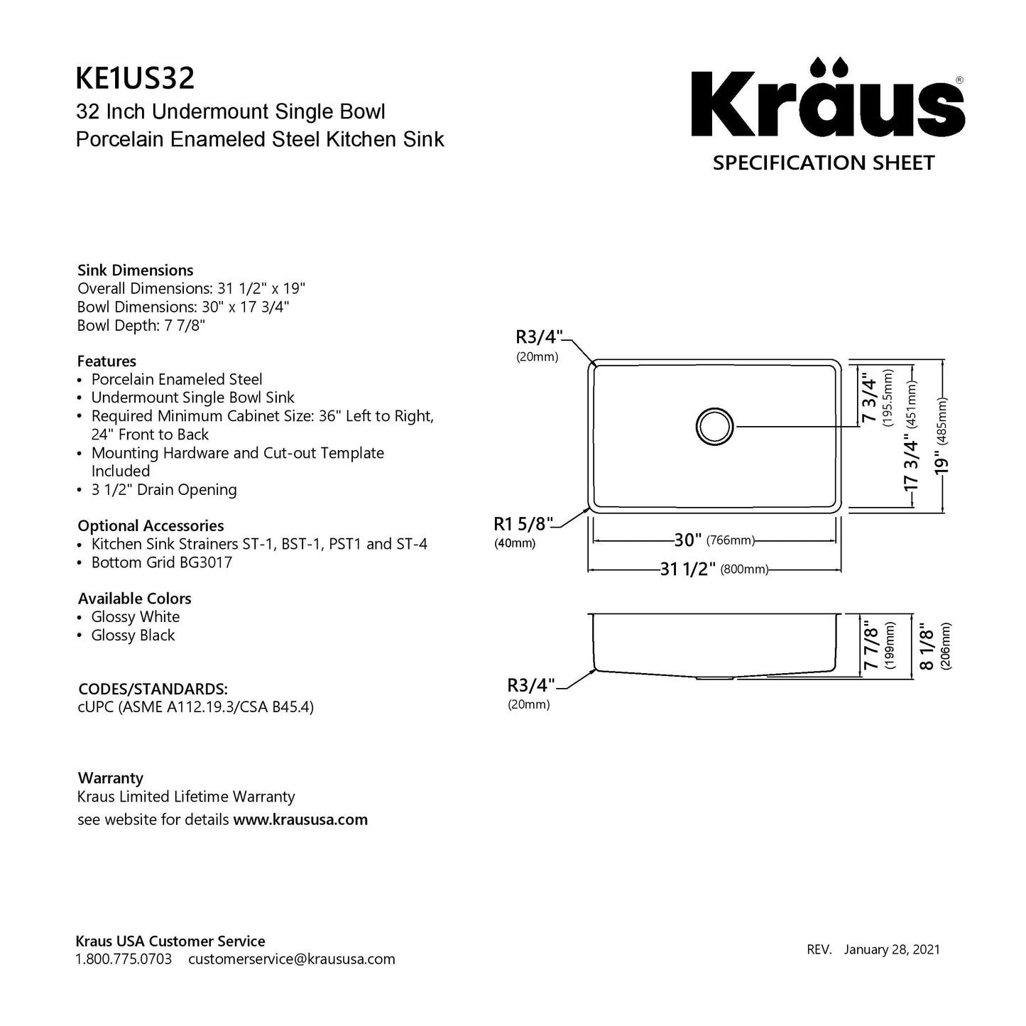 KRAUS Pintura 32" Undermount Porcelain Enameled Steel Kitchen Sink in White - KE1US32GWH