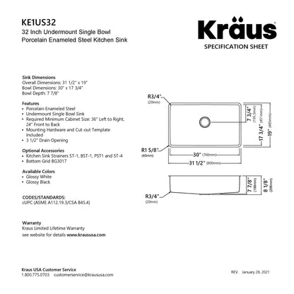 KRAUS Pintura 32" Undermount Porcelain Enameled Steel Kitchen Sink in White - KE1US32GWH