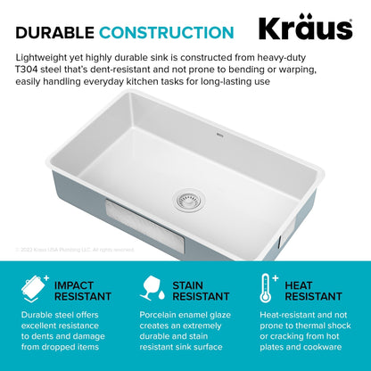 KRAUS Pintura 32" Undermount Porcelain Enameled Steel Kitchen Sink in White - KE1US32GWH