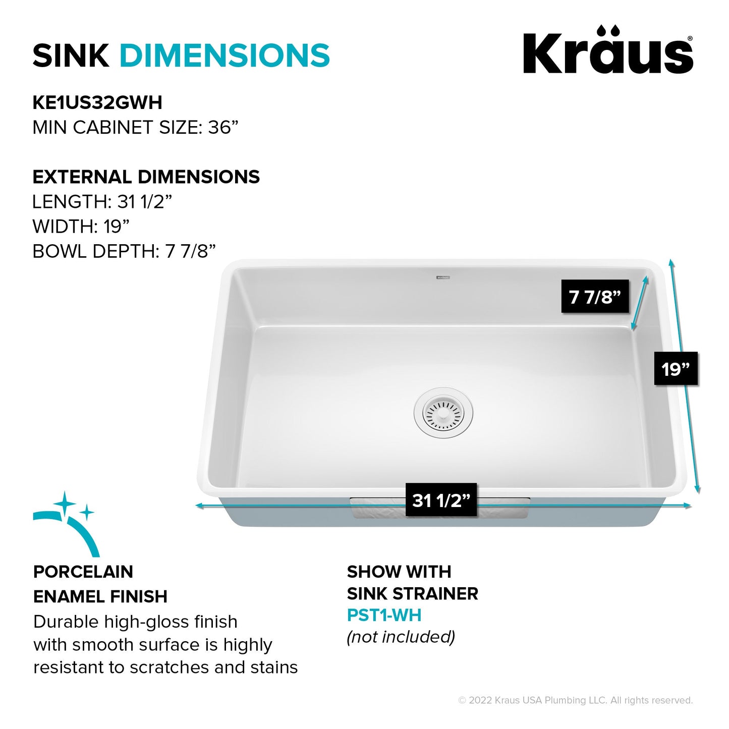 KRAUS Pintura 32" Undermount Porcelain Enameled Steel Kitchen Sink in White - KE1US32GWH