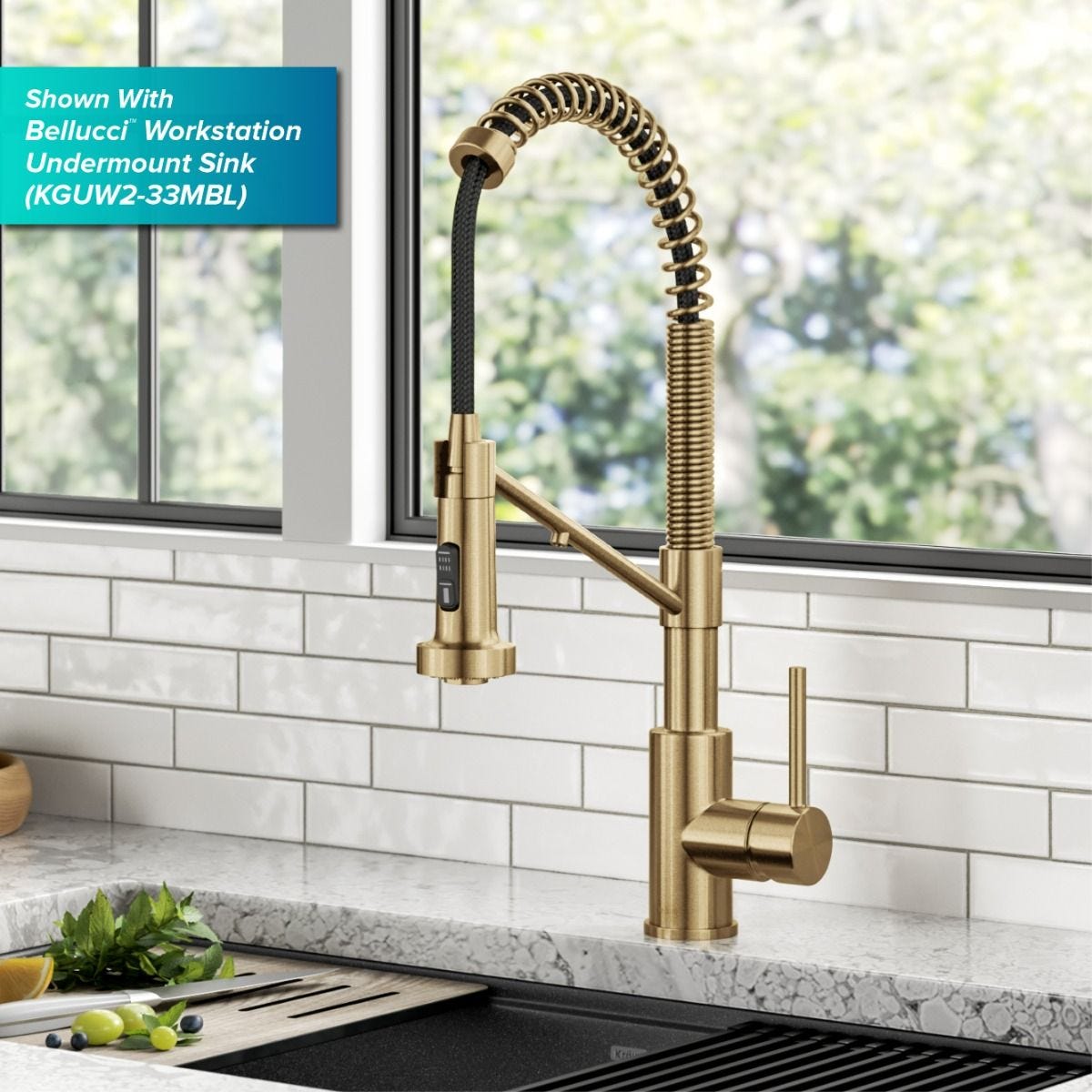 KRAUS Single Handle Kitchen Faucet with Integrated Dispenser for Water Filtration in Brushed Brass - KFF-1610BB