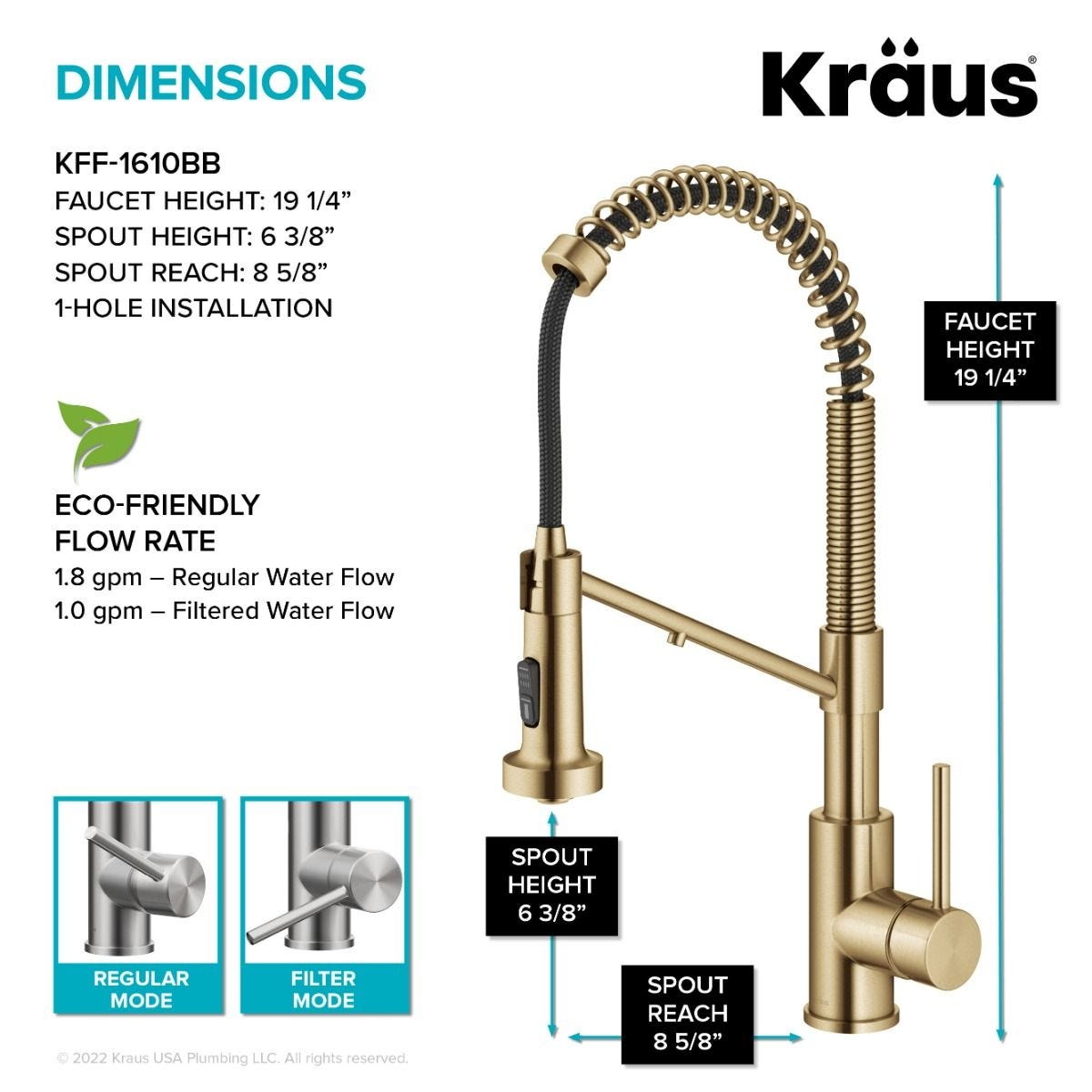 KRAUS Single Handle Kitchen Faucet with Integrated Dispenser for Water Filtration in Brushed Brass - KFF-1610BB