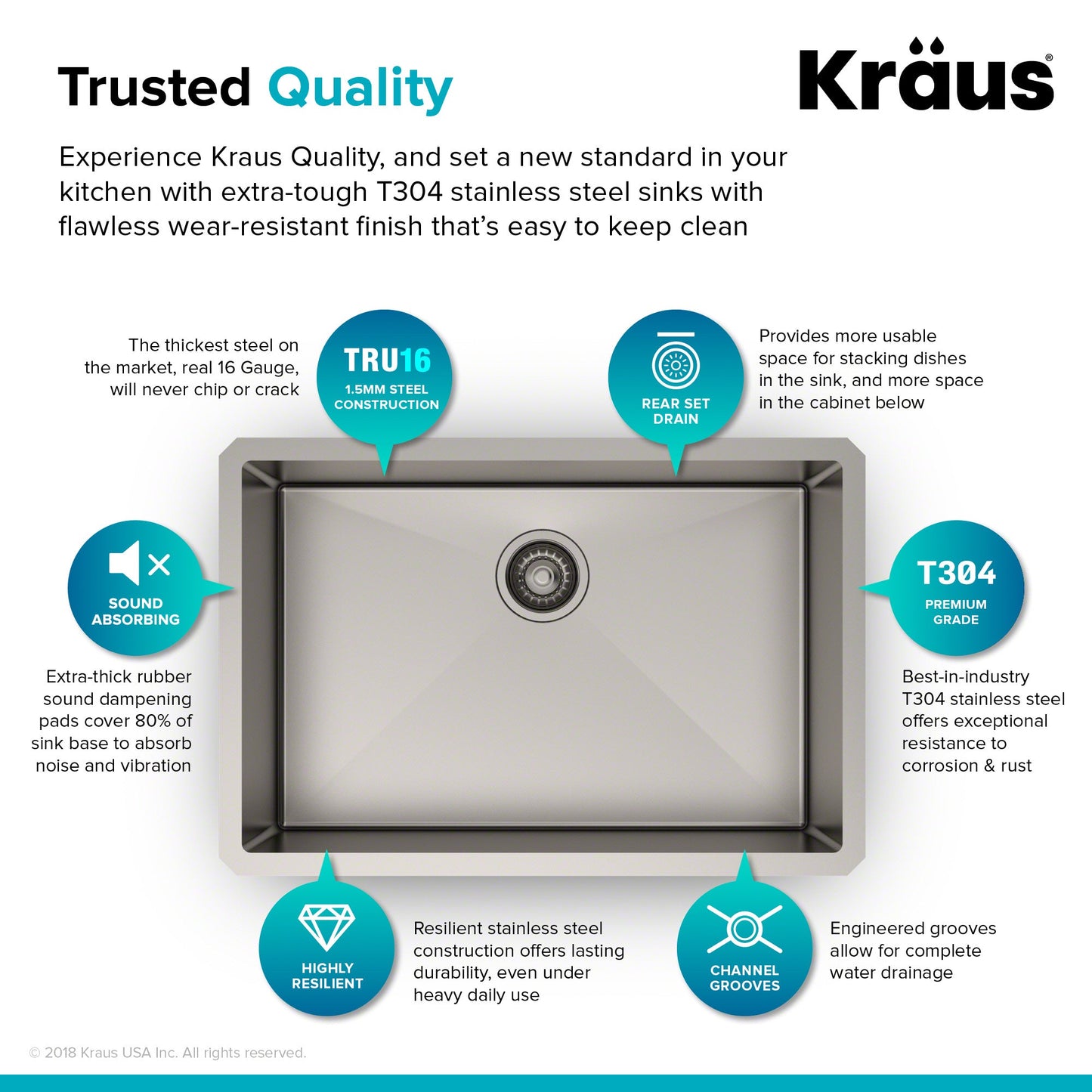 KRAUS 28" Undermount 16 Gauge Single Bowl Stainless Steel Small Radius Kitchen Sink - KHU100-28