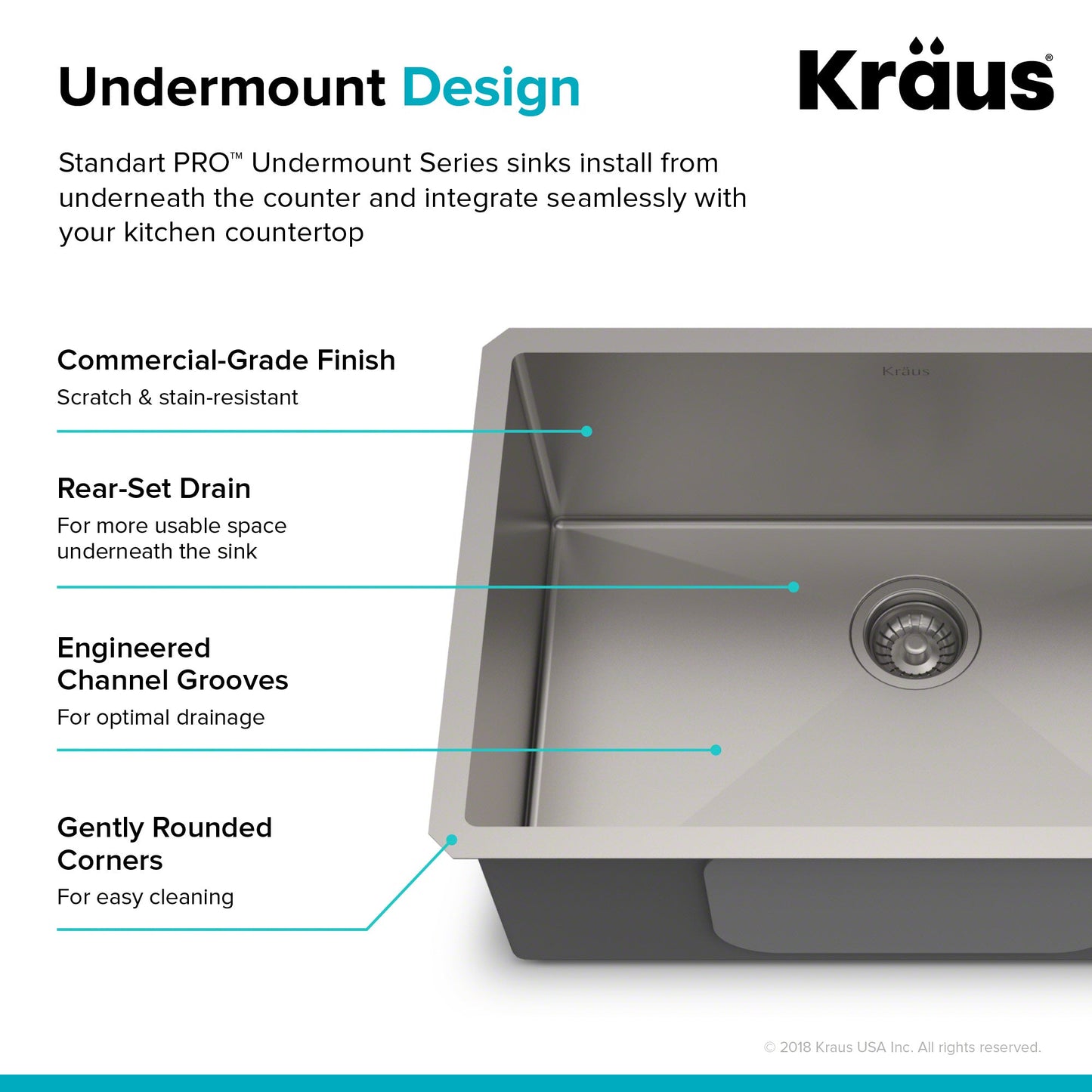 KRAUS 28" Undermount 16 Gauge Single Bowl Stainless Steel Small Radius Kitchen Sink - KHU100-28